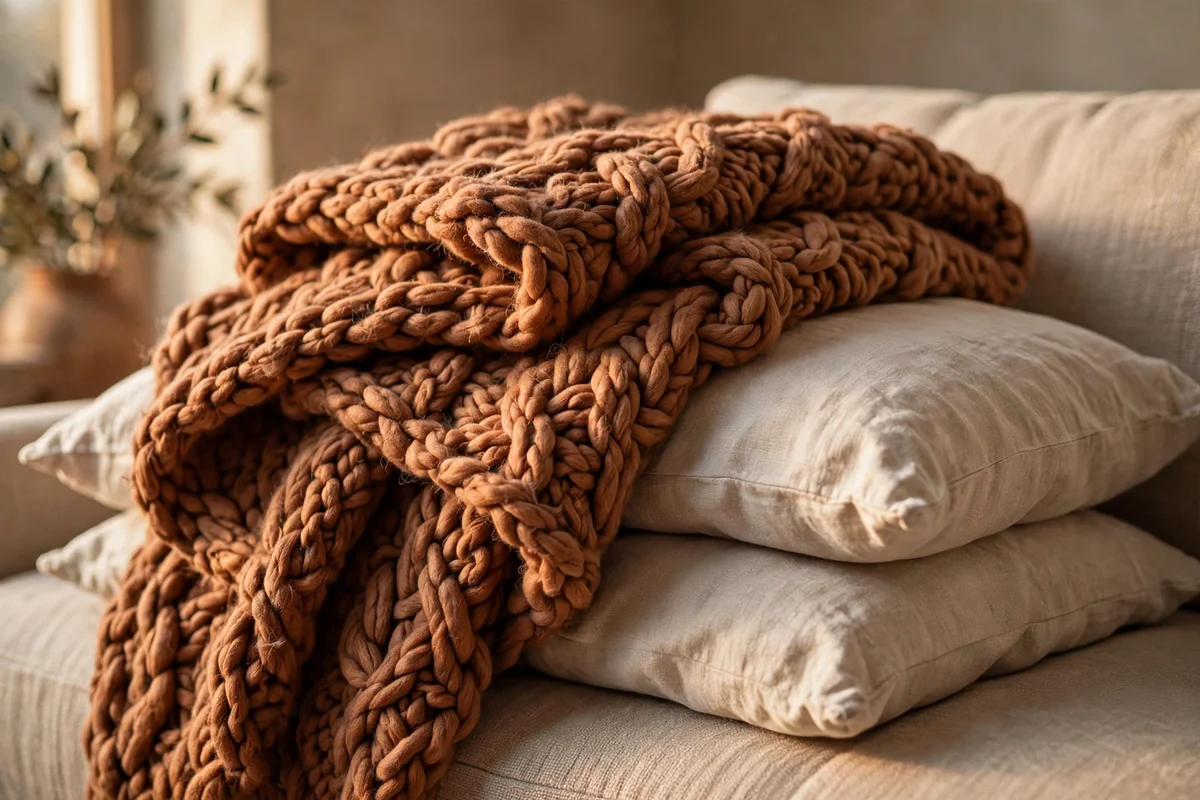 Chunky wool throw folded over crisp linen cushions