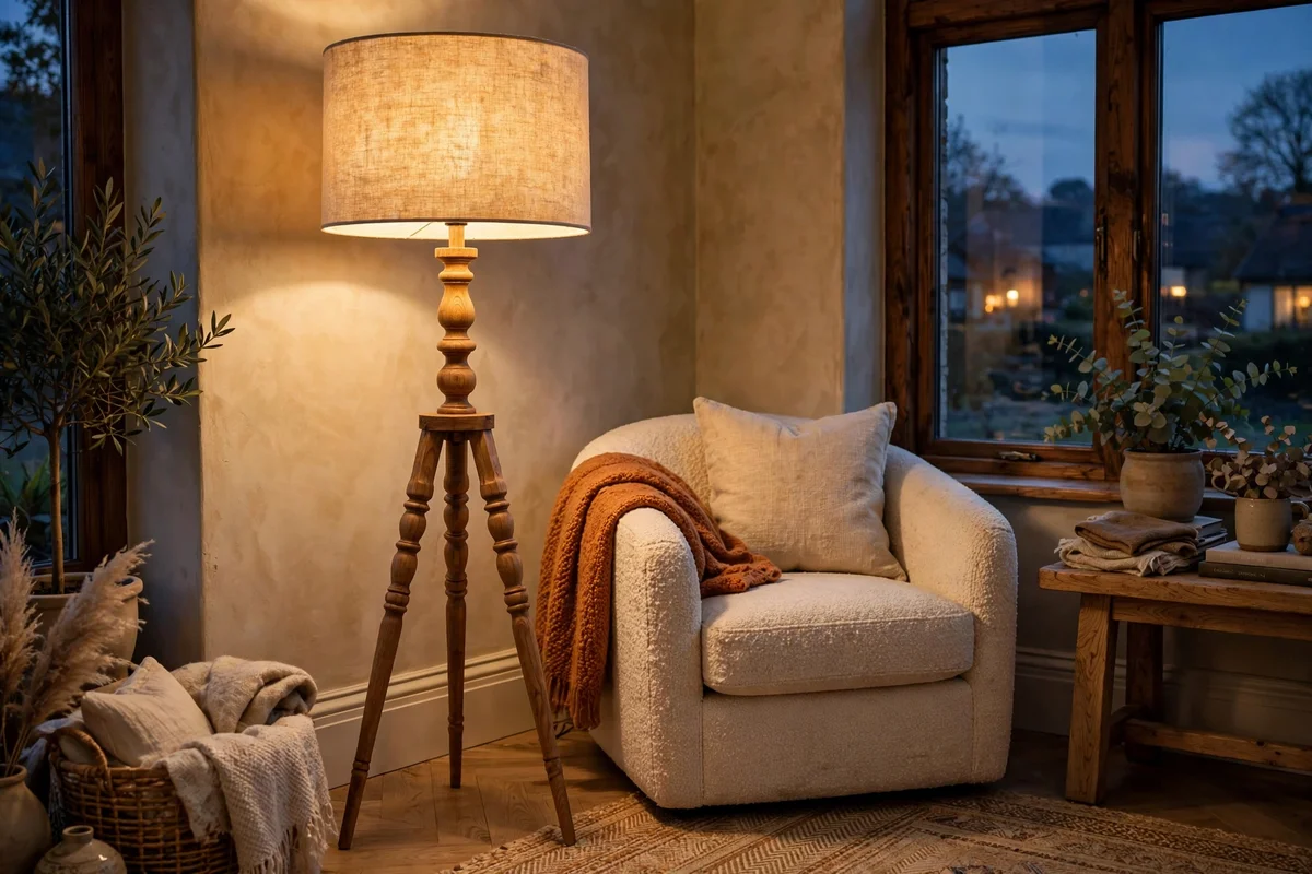 Timber tripod floor lamp glowing in a living room corner