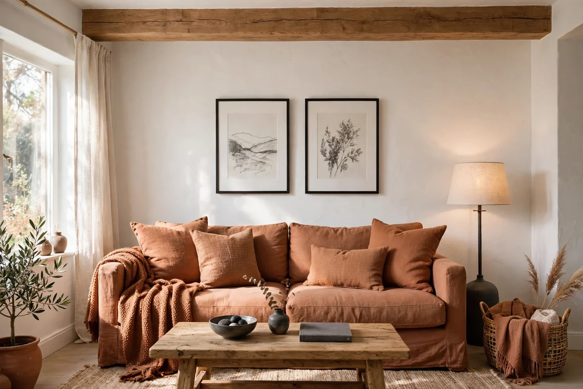 Warm white, clay and charcoal palette in a living room