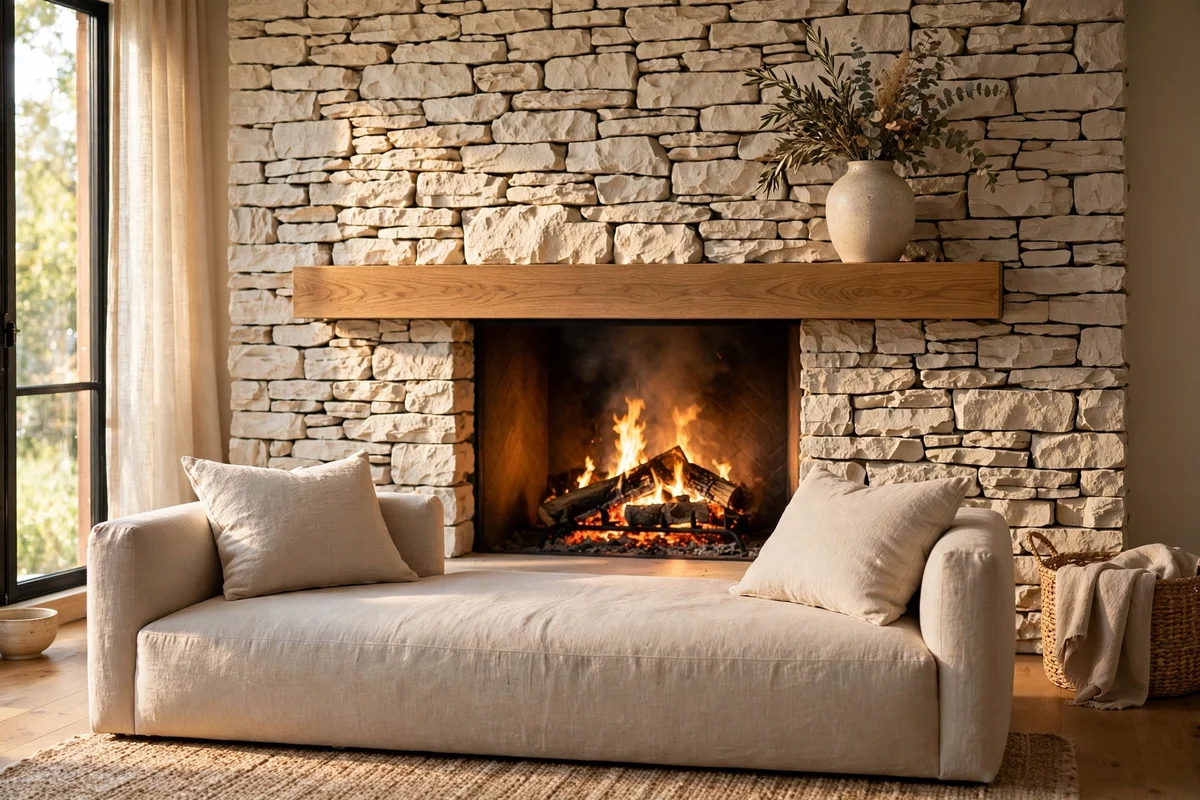 Light stone fireplace wall behind a low modern sofa