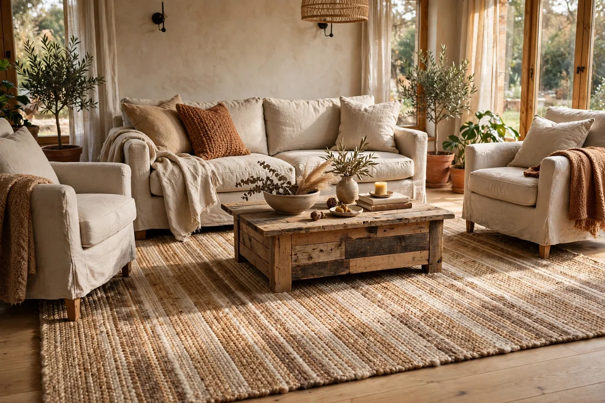 Flatweave natural rug grounding a linen seating group