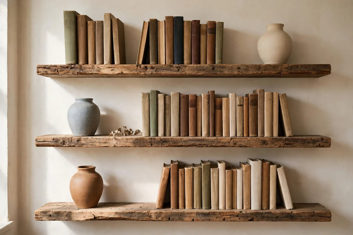 Open timber shelves styled with books and a ceramic vase