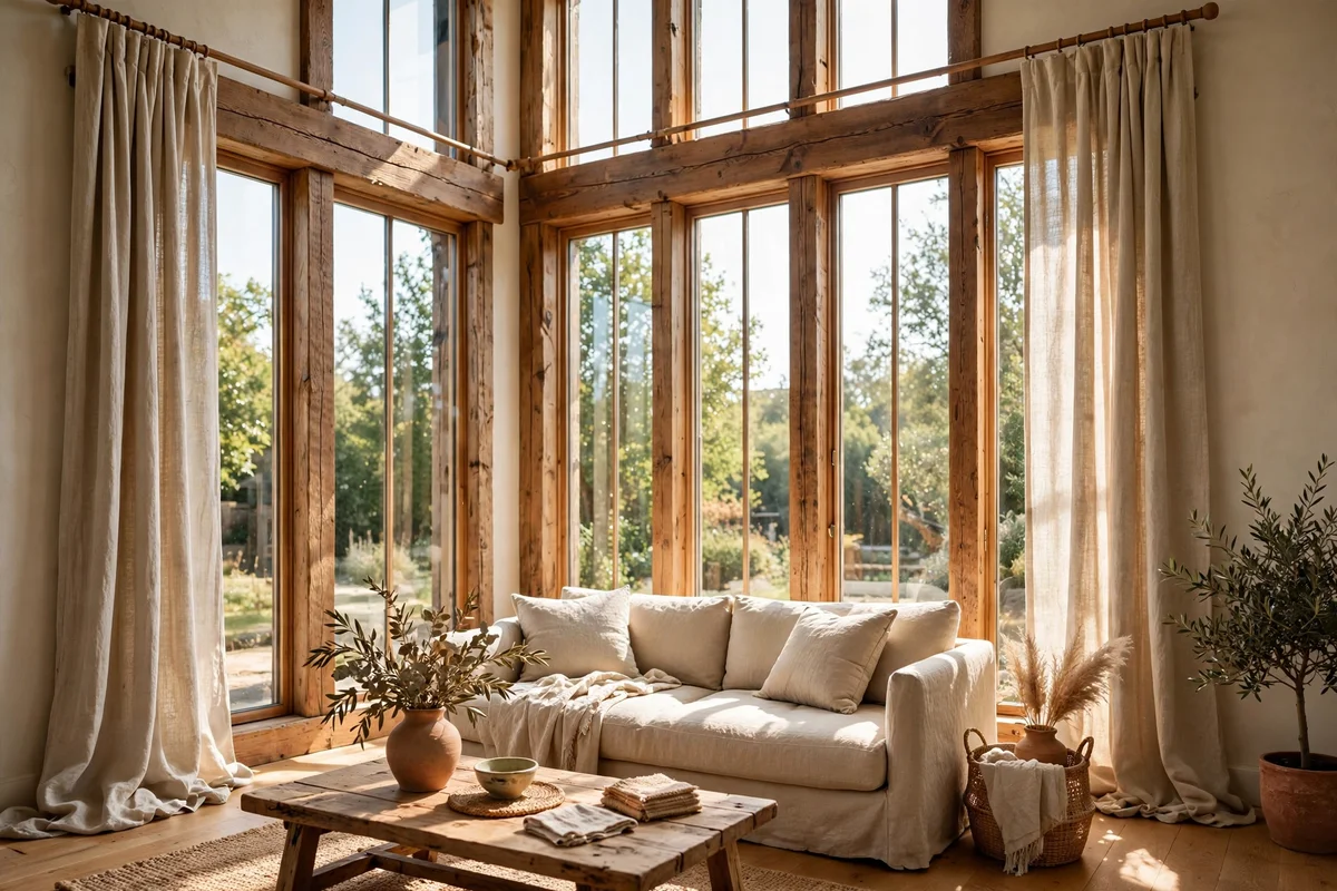 Natural linen curtains hung high over timber window trim