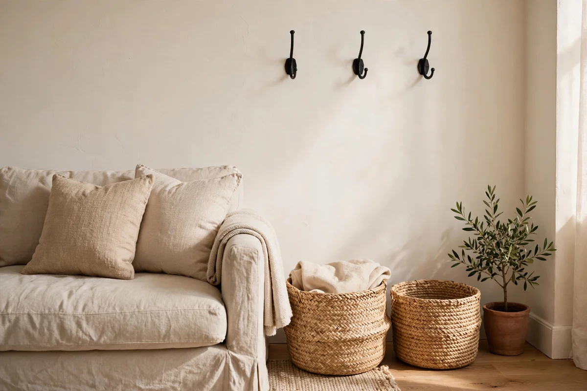 Woven baskets and black iron hooks in a living room corner