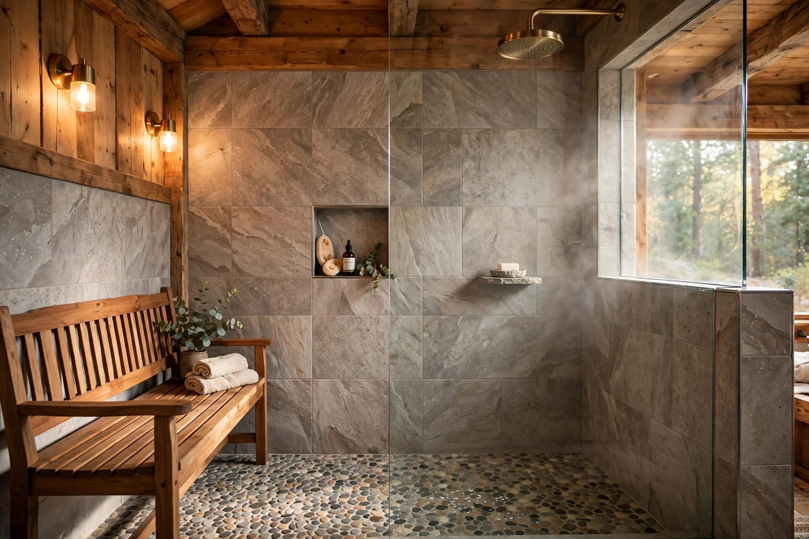 Rustic cabin shower with stone-look tiles, pebble floor, brass rainfall head and teak bench