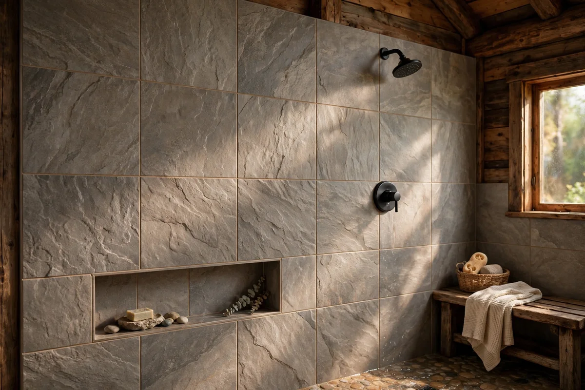 Stone-look porcelain shower walls with warm sandy grout and matt finish