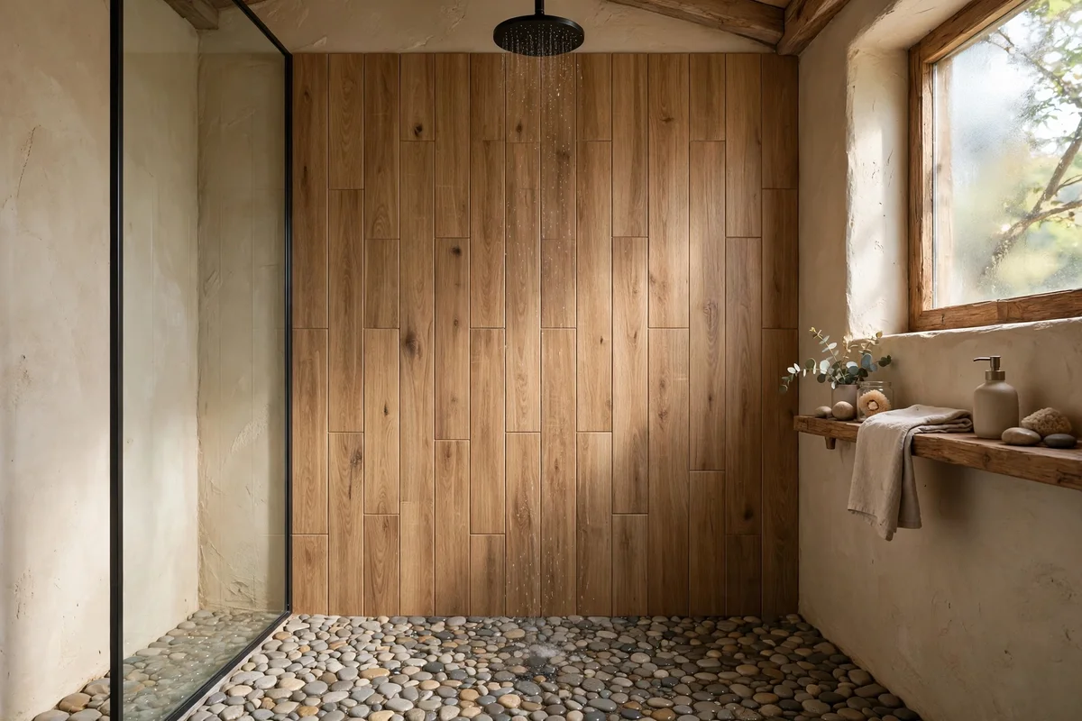 Wood-look porcelain plank tiles laid vertically on a shower feature wall