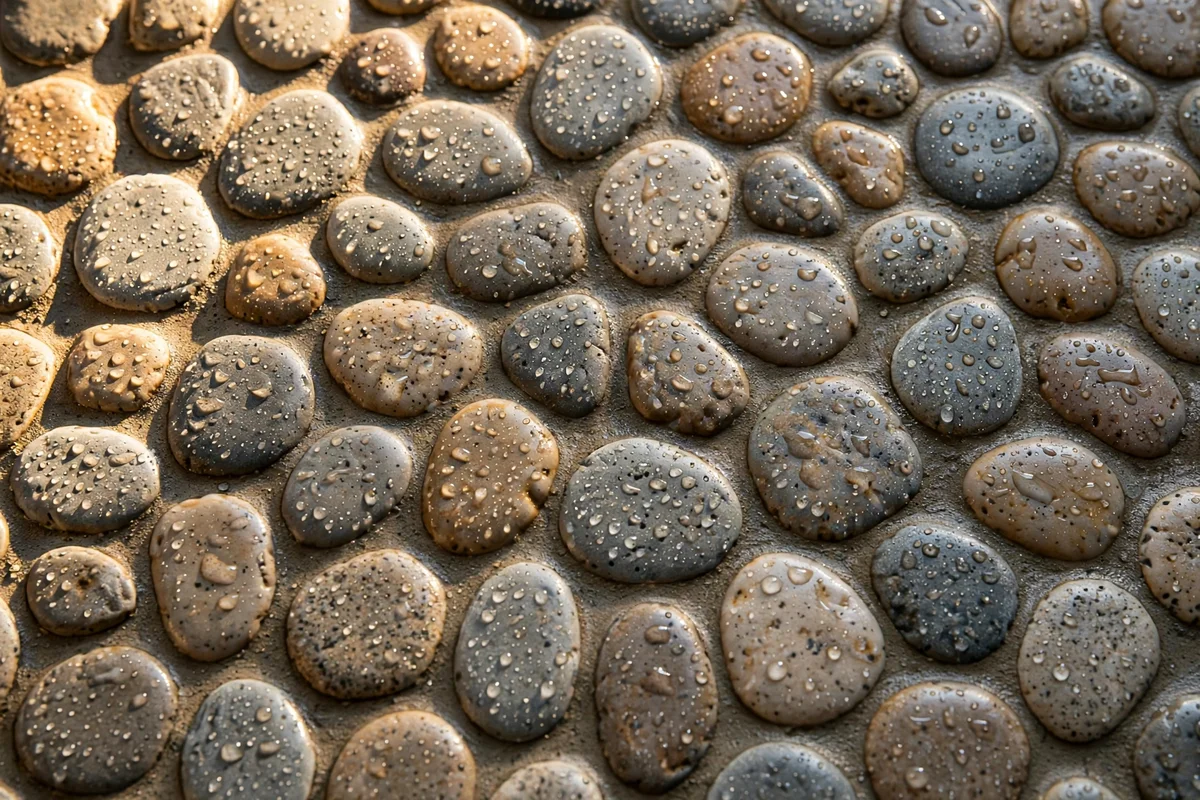 Pebble mosaic shower floor in mixed grey and tan stones with water beading