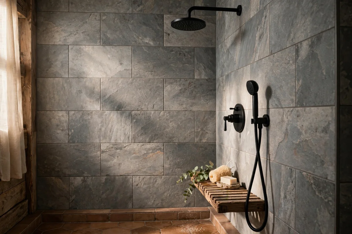 Matte black shower mixer and rainfall arm against grey stone tiles