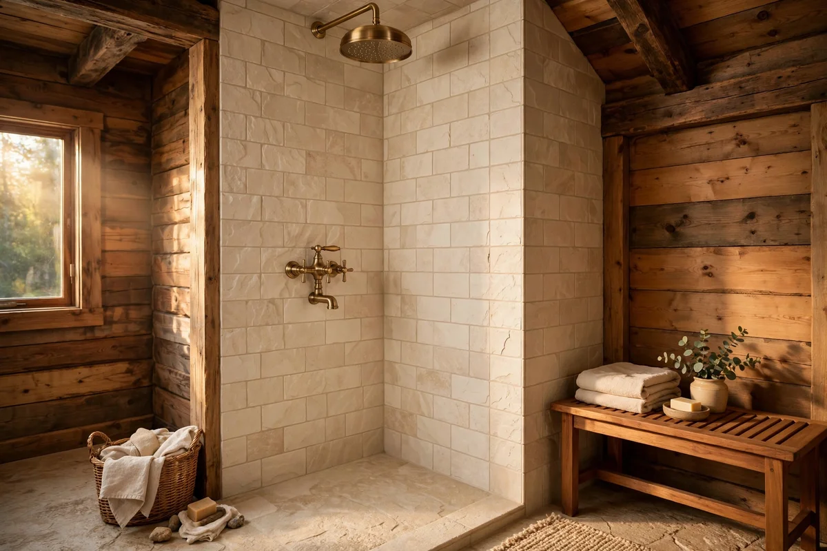 Brushed brass rainfall shower and mixer glowing warmly in a rustic shower