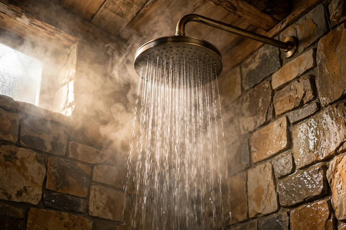 Large rainfall shower head pouring soft water from a high ceiling mount