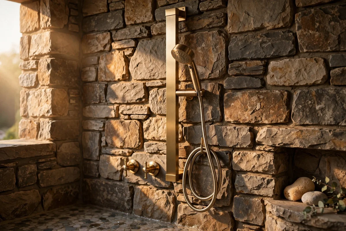 Hand shower on an adjustable slider rail beside a rainfall head