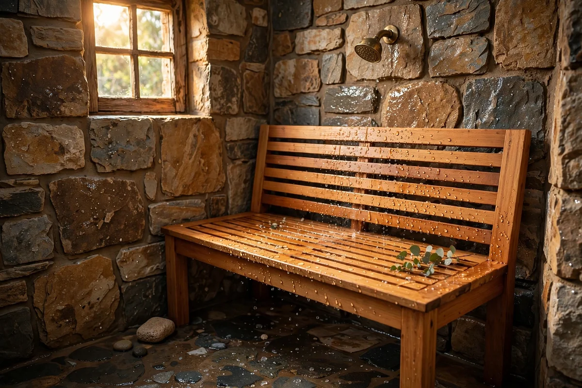 Solid teak slatted bench in the corner of a stone-tiled shower