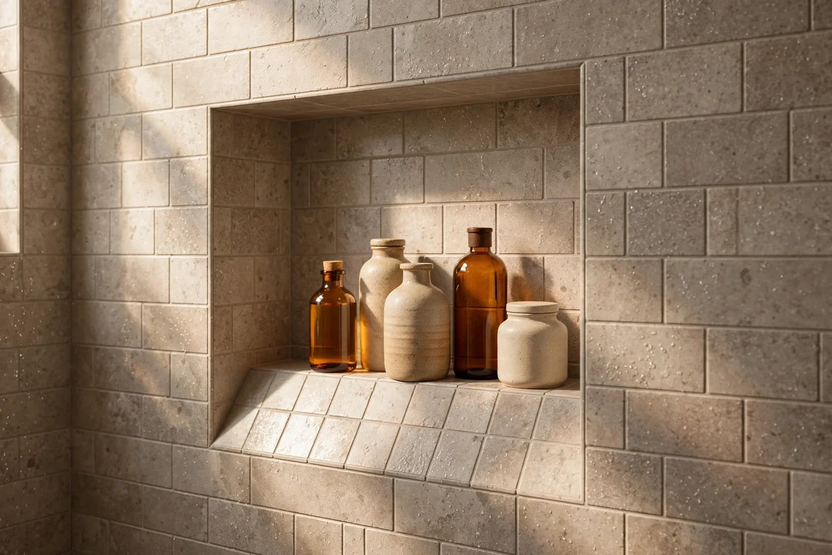 Tiled recessed shower niche holding bottles at elbow height