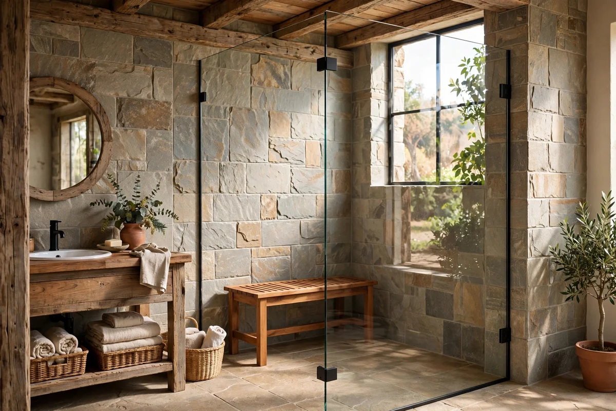 Frameless glass shower panel revealing stone-look tiled walls behind