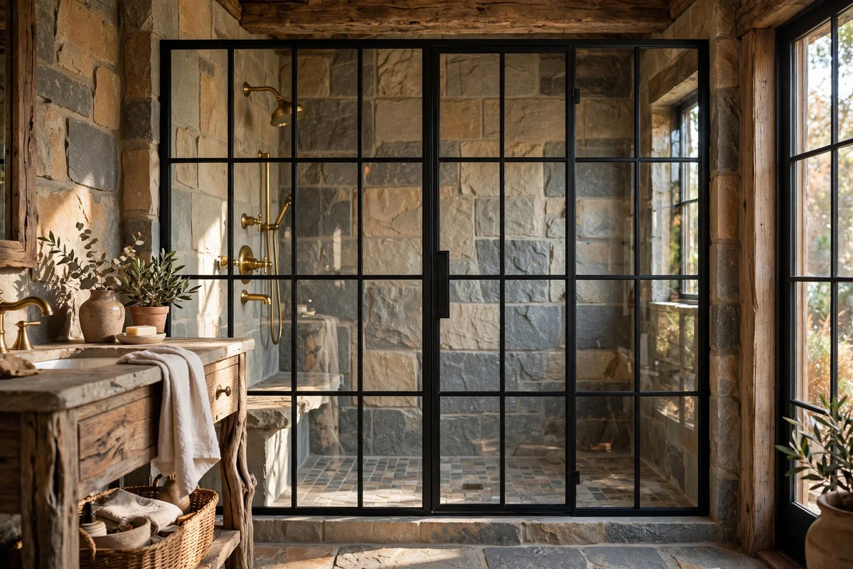 Black-framed crittall style shower screen with large grid panes