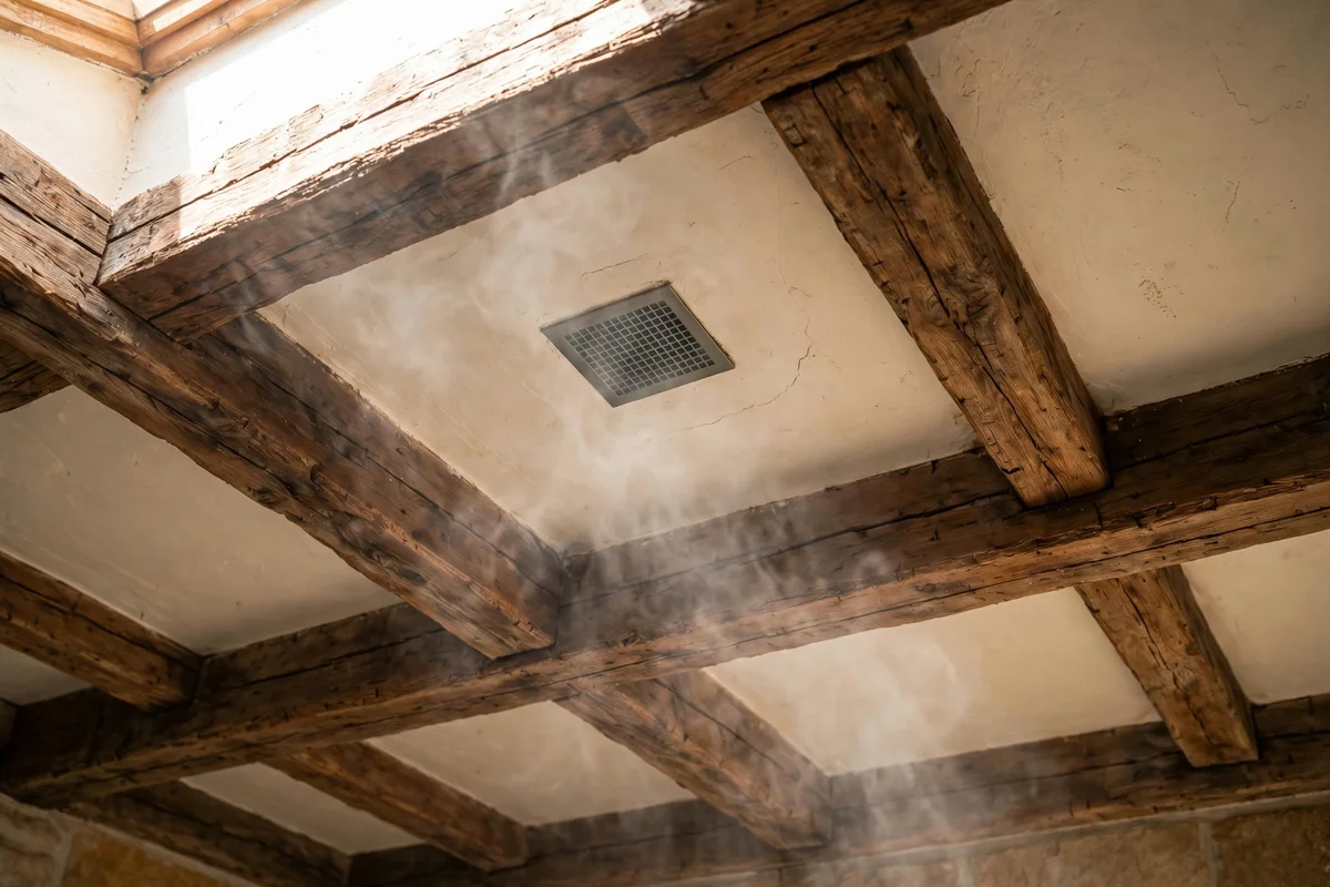 Ceiling extractor fan vent in a warm rustic bathroom