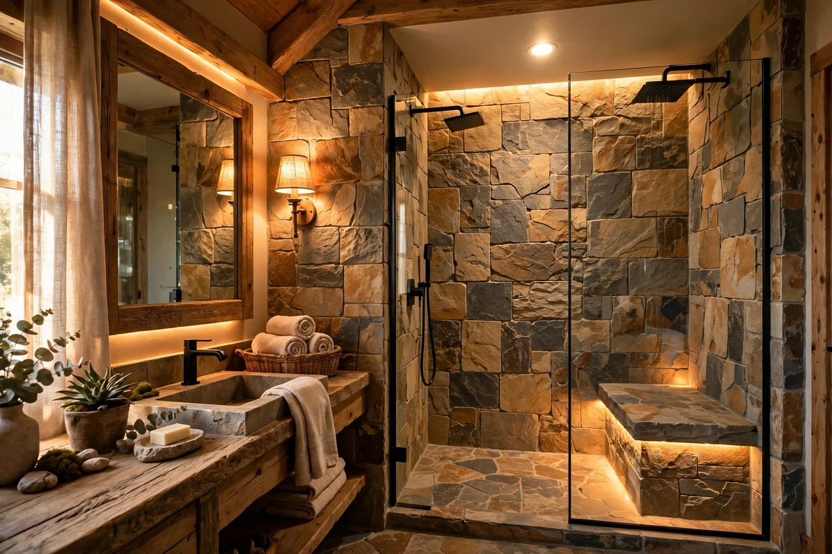 Warm layered LED lighting with a shower downlight and wall sconce