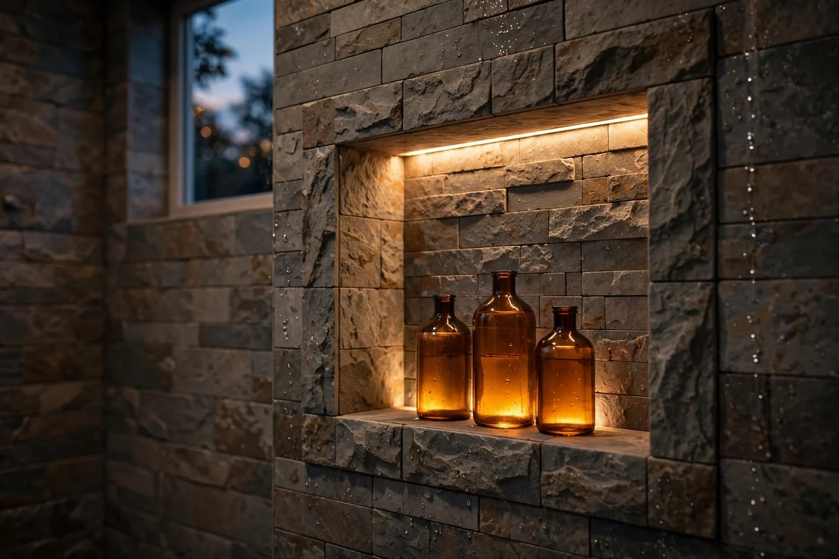 Shower niche glowing with a warm waterproof LED strip light