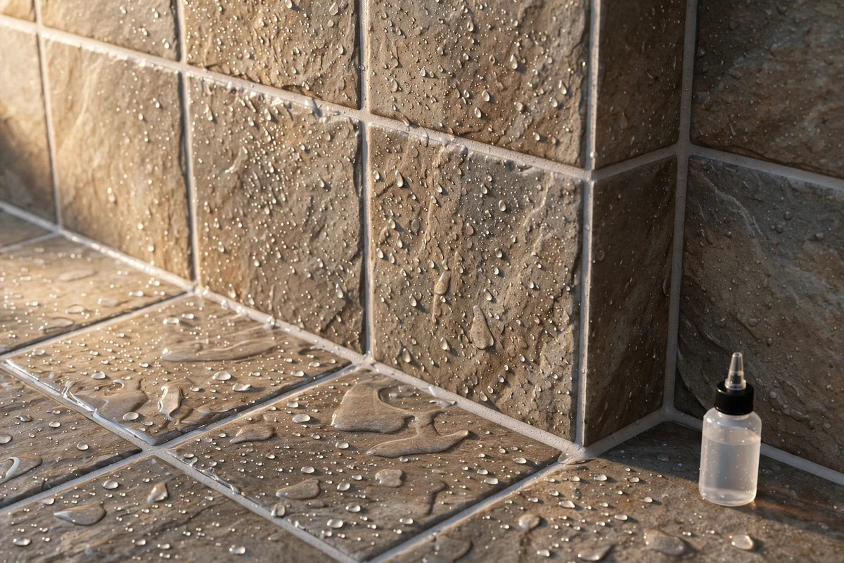 Sealed grout lines on stone shower tiles with a sealer bottle nearby