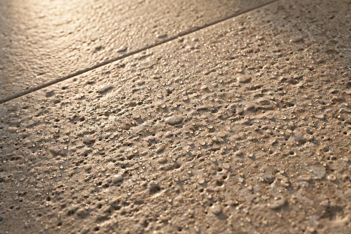 Textured slip-resistant shower floor tile with water droplets