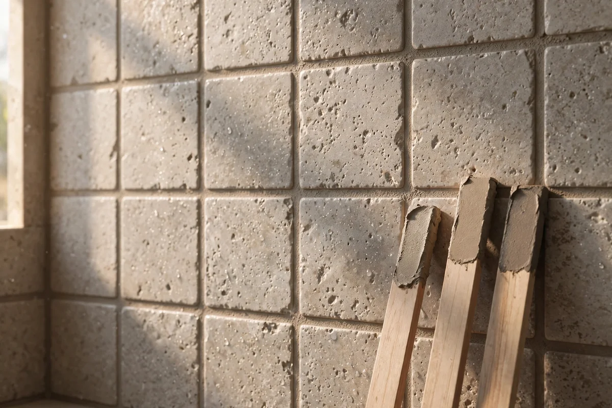 Warm grey grout lines between natural stone-look shower tiles