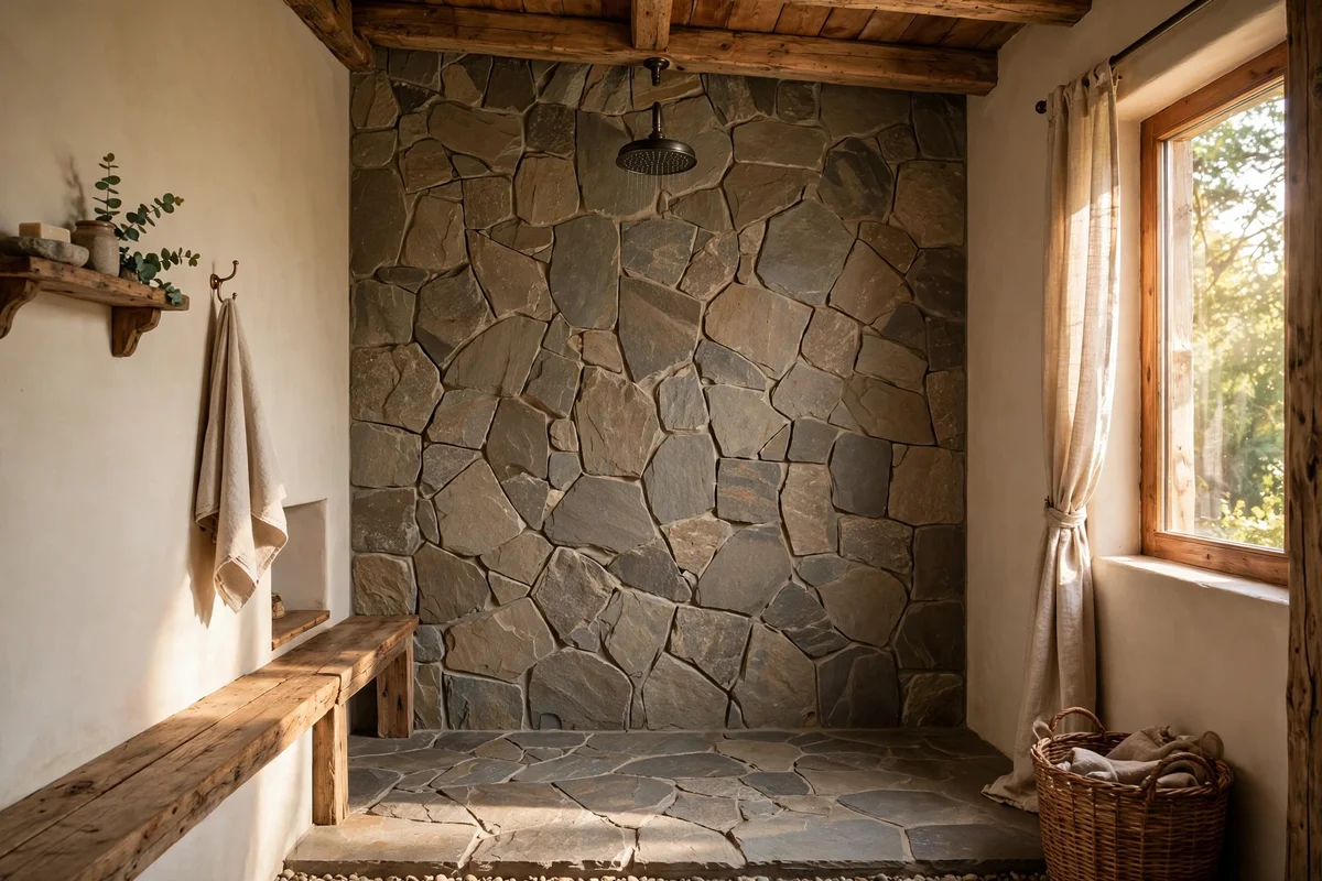 Shower floor tile continuing up the wall as a full-height feature