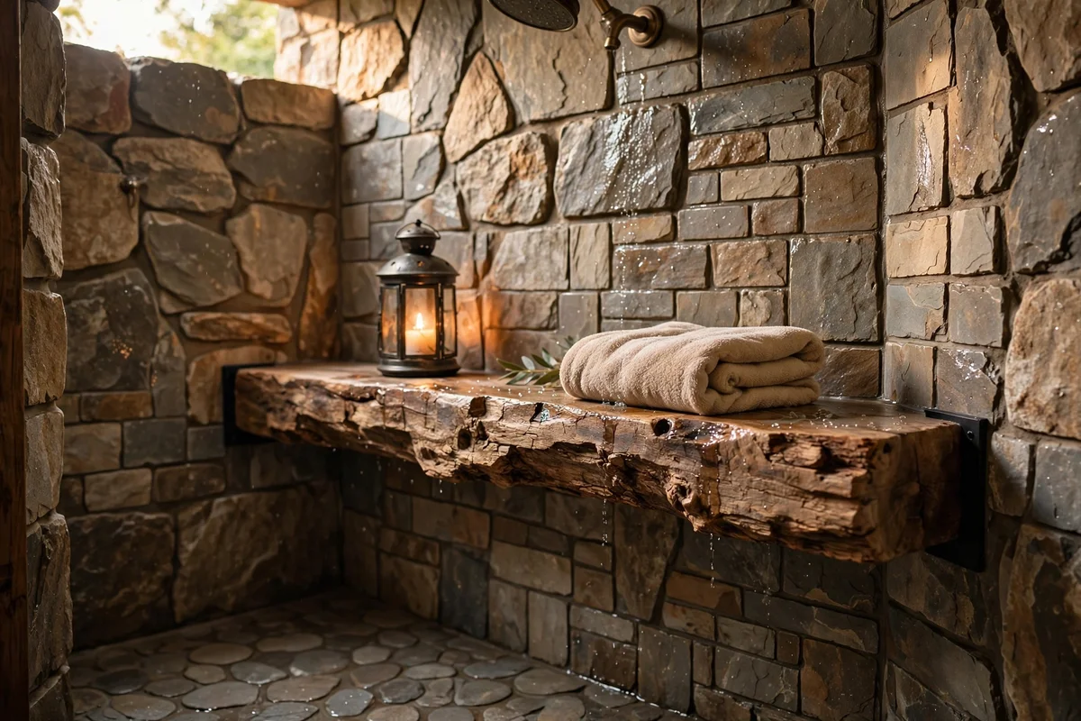 Rough timber ledge shelf across one end of a rustic shower