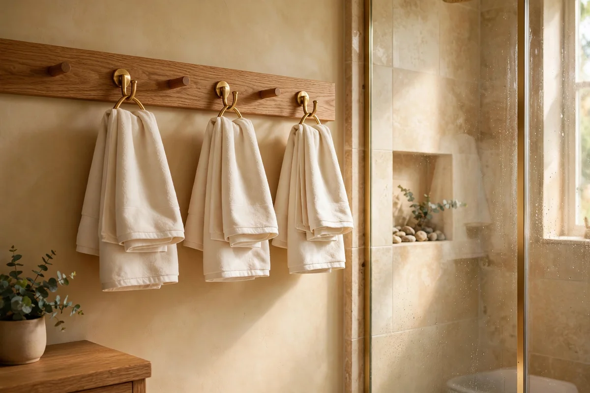 Solid brass hooks with folded towels on the wall beside a shower