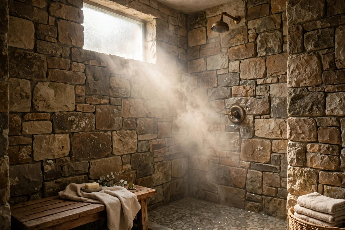 Frosted window high in a stone-tiled shower wall letting in daylight