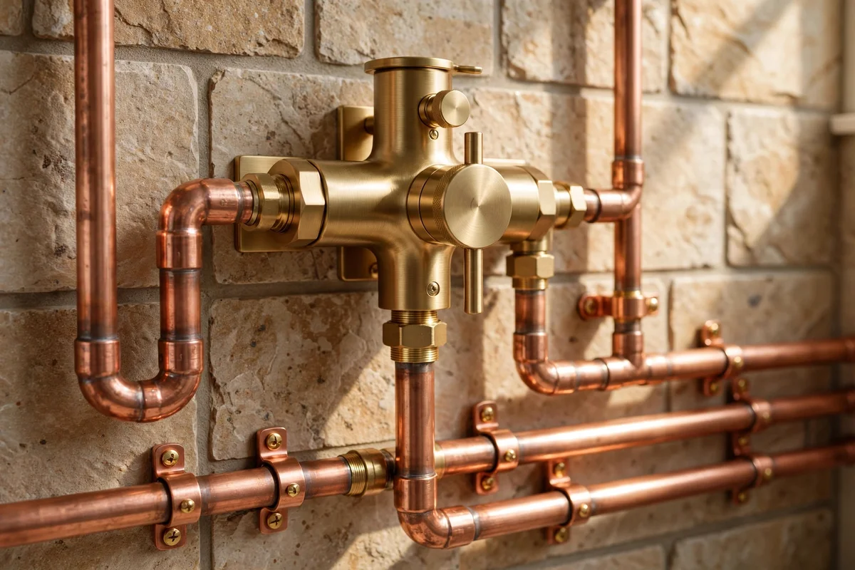 Neatly installed shower mixer with copper pipework on a tiled wall