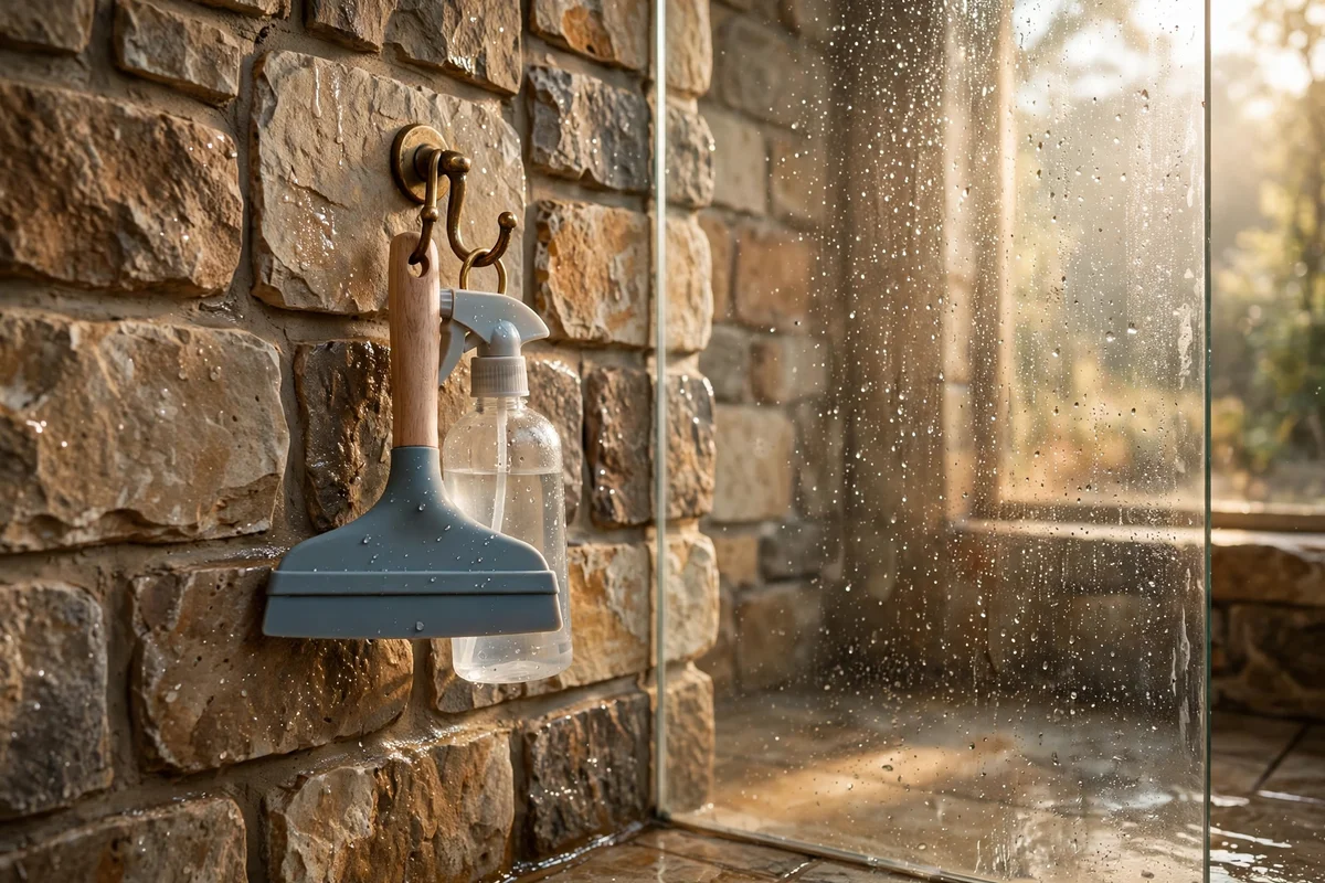 Silicone squeegee and gentle spray bottle hanging inside a rustic shower