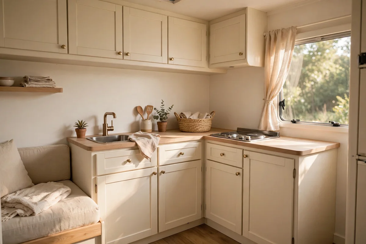 RV interior with freshly painted warm linen white walls and cream cabinets