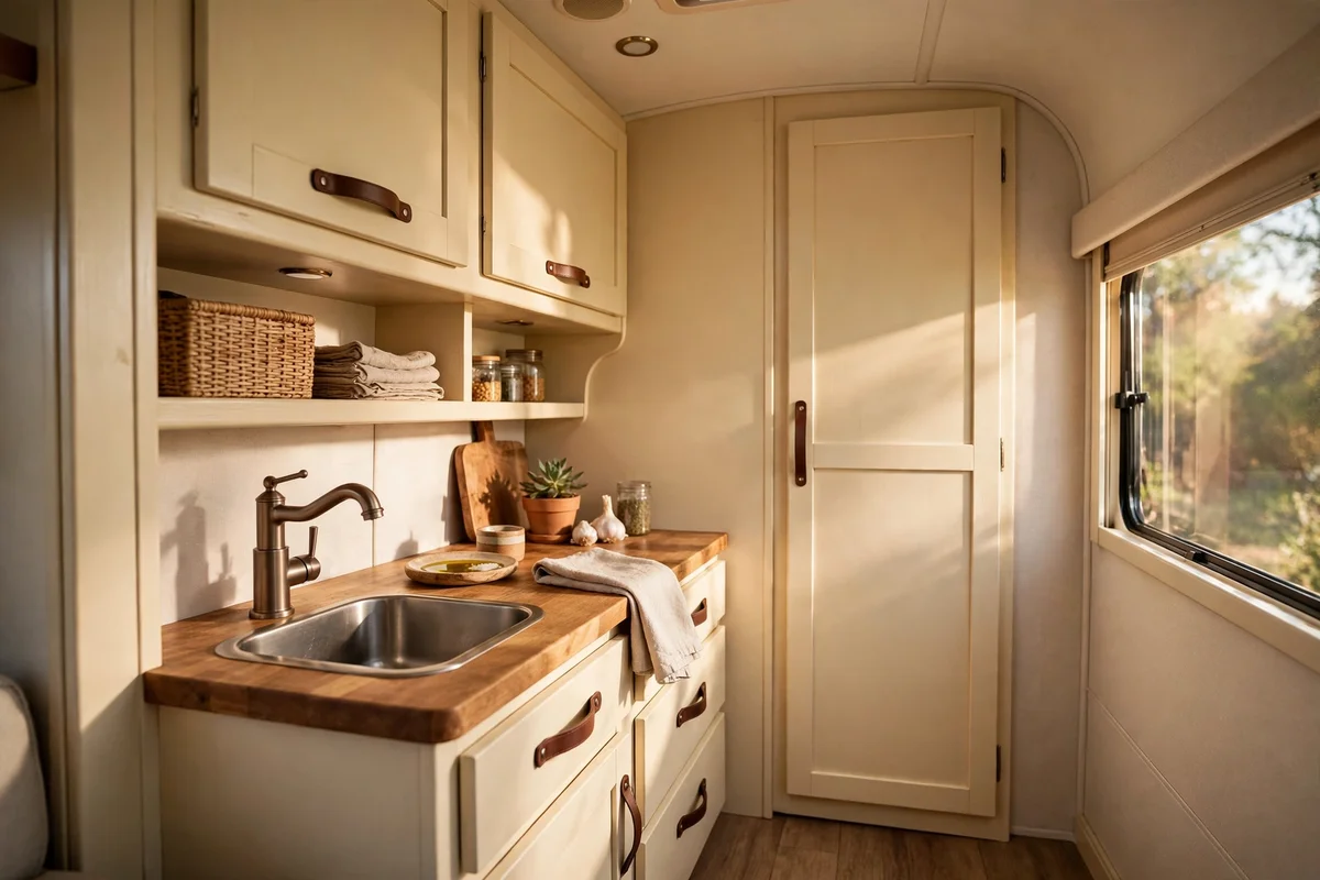 RV galley with warm cream painted cabinet doors and slim leather pulls