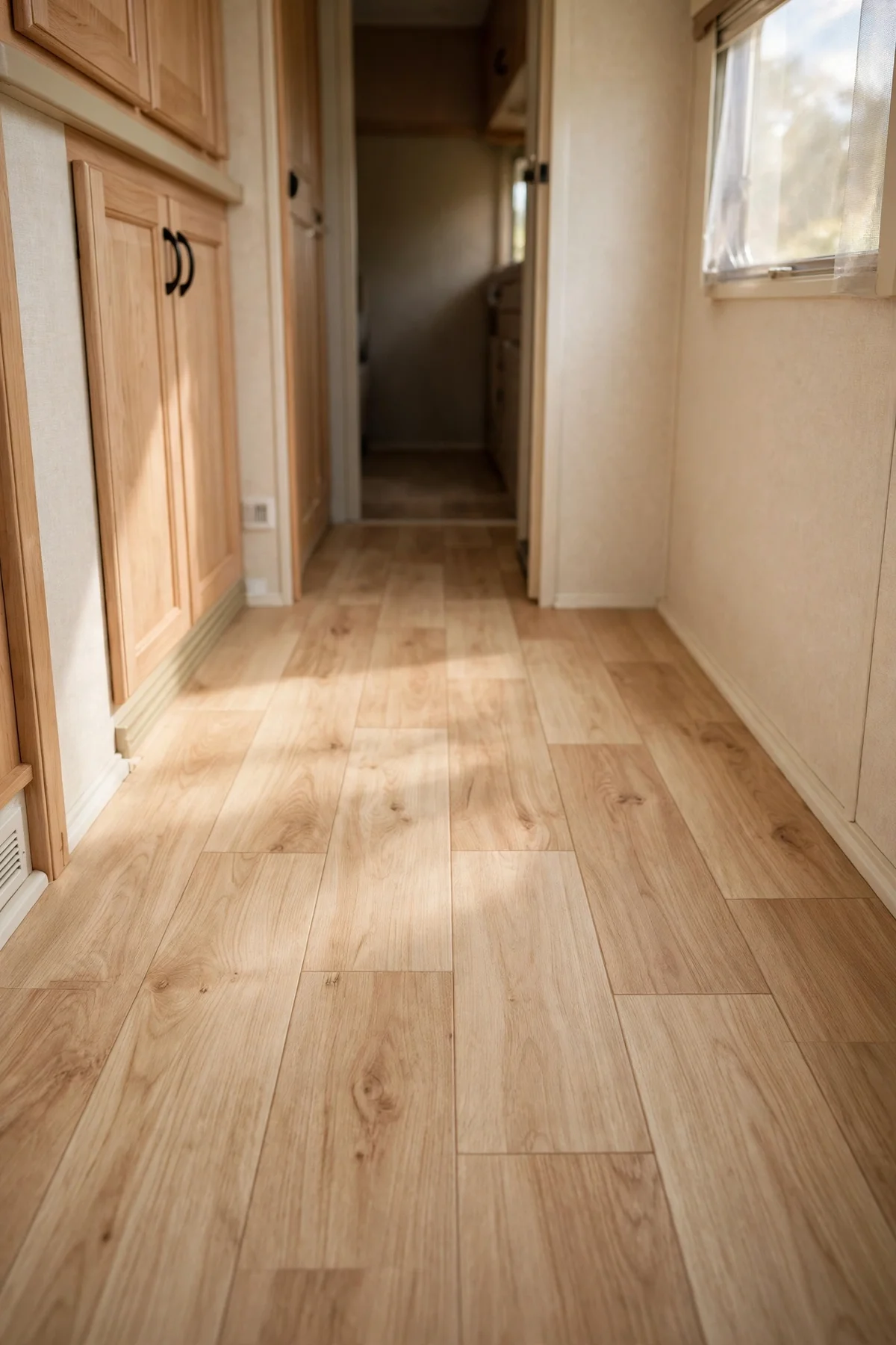 RV hallway with pale oak peel and stick vinyl plank flooring