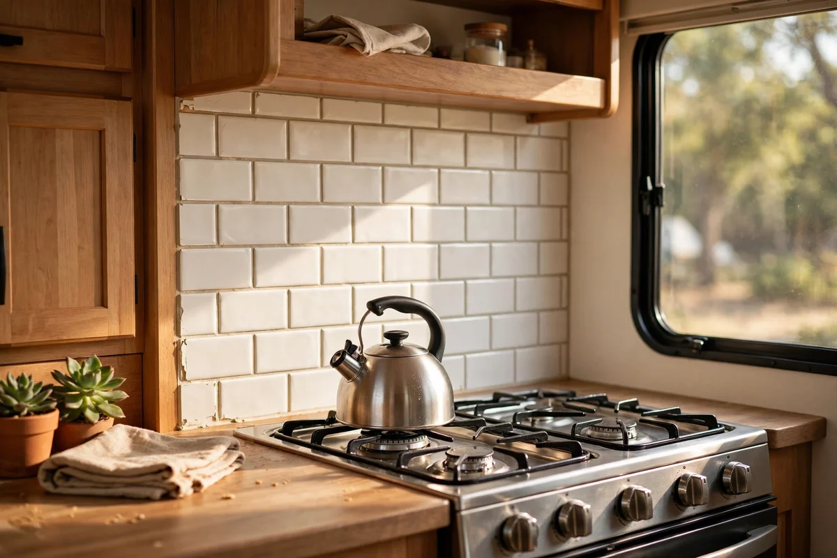 RV cooktop with warm white peel and stick subway tile splashback