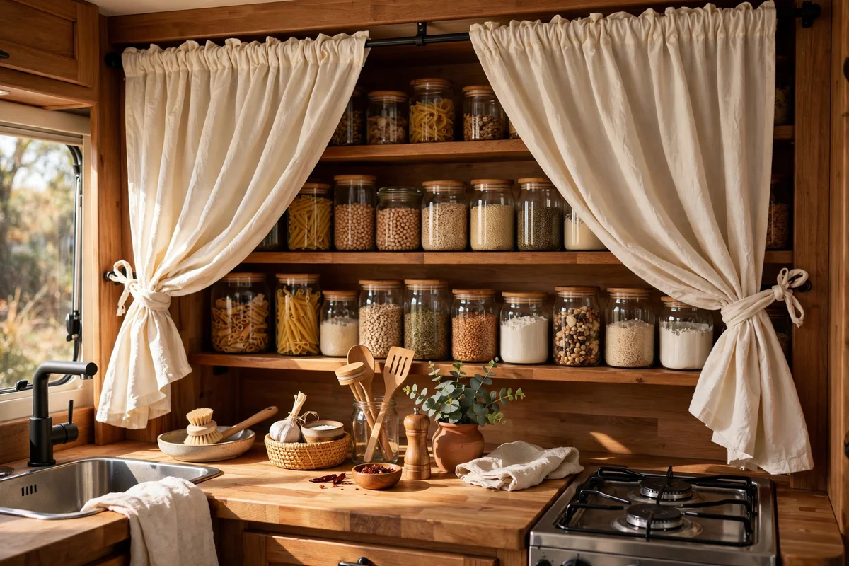 RV galley cupboards with gathered cream cotton curtains on tension rods
