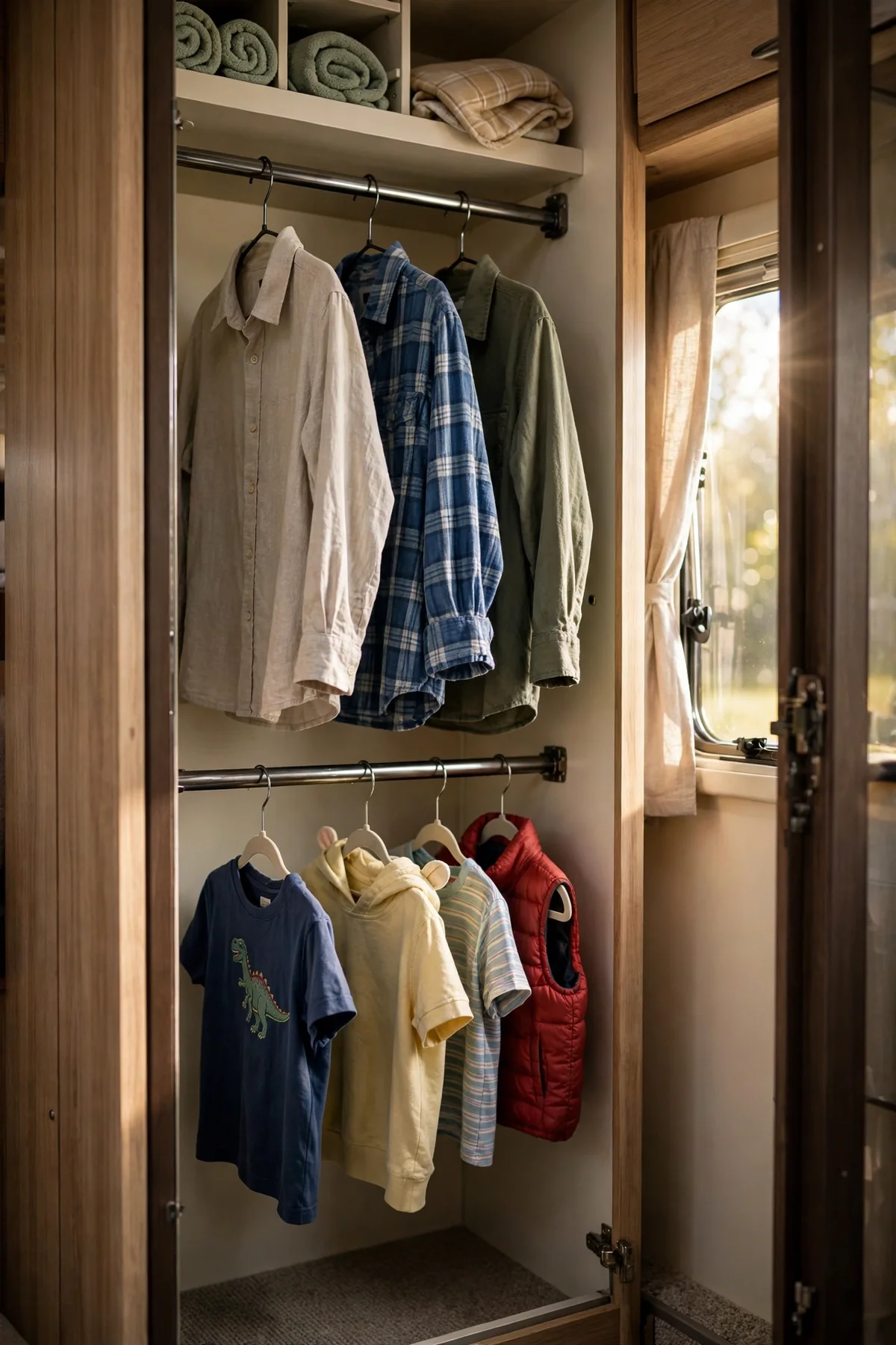 Narrow RV wardrobe with two tension rod rails and neatly hung clothes