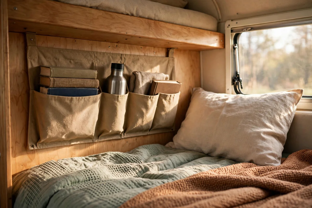 RV bunk wall with canvas pocket organiser holding books and a bottle