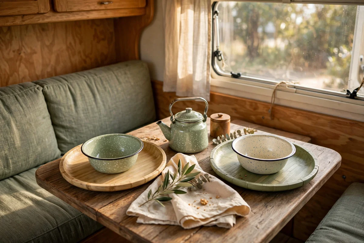 RV dinette table set with bamboo plates and enamel bowls
