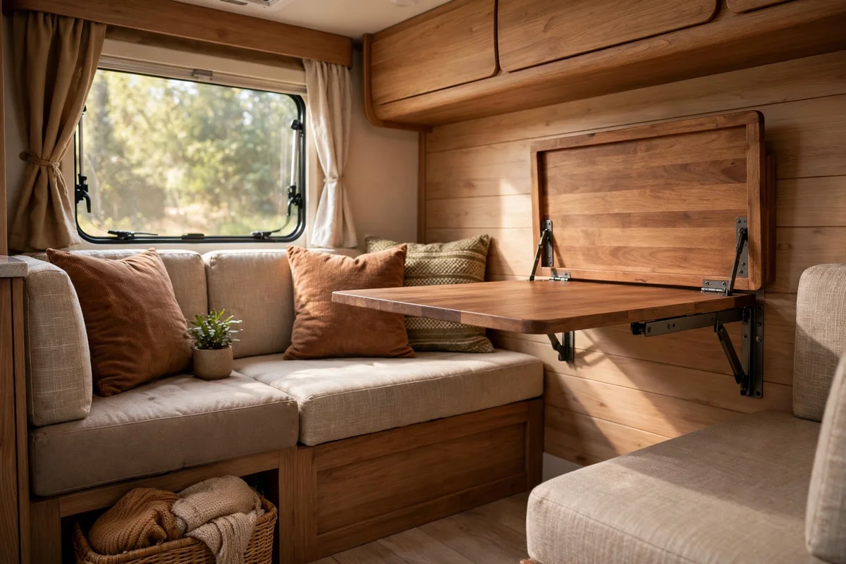 RV dining nook with folding wall-mounted wooden table and bench seats