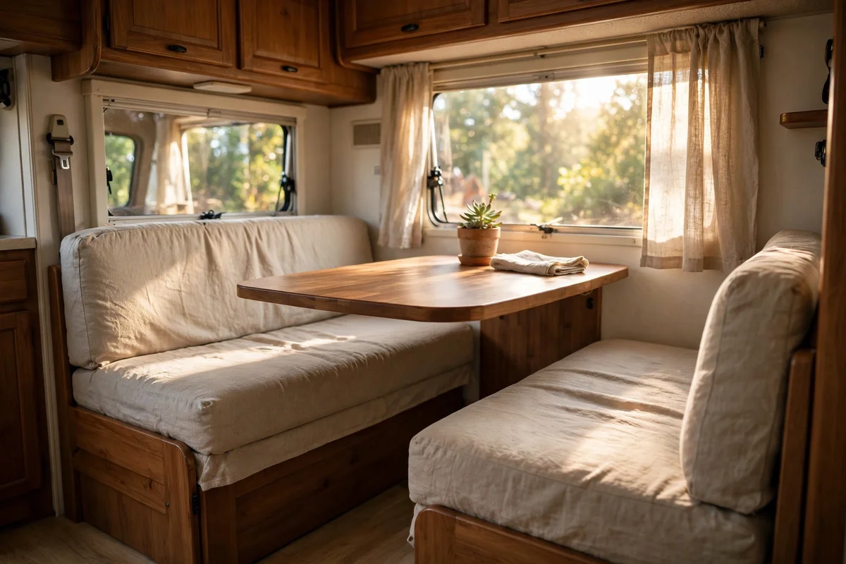 RV dinette with oatmeal linen slipcovers on bench cushions