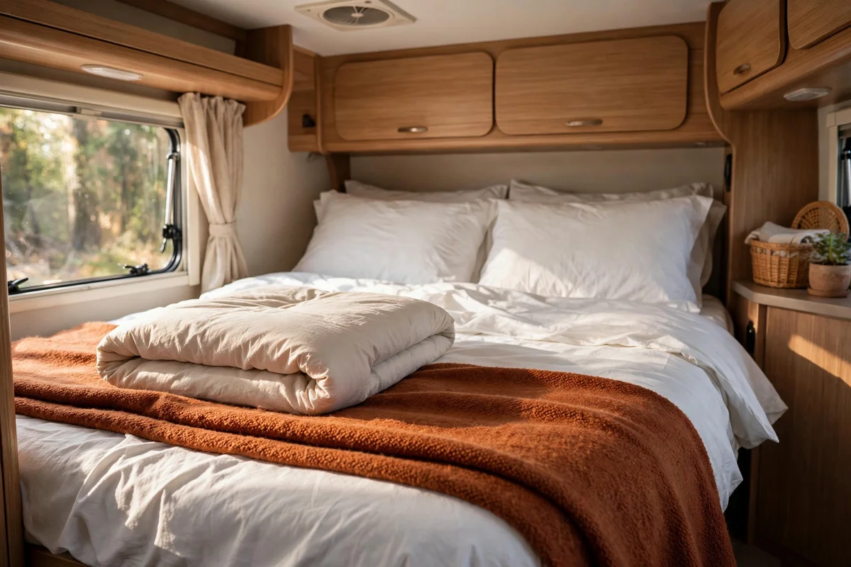RV double bed with layered cotton sheets, wool throw and folded duvet