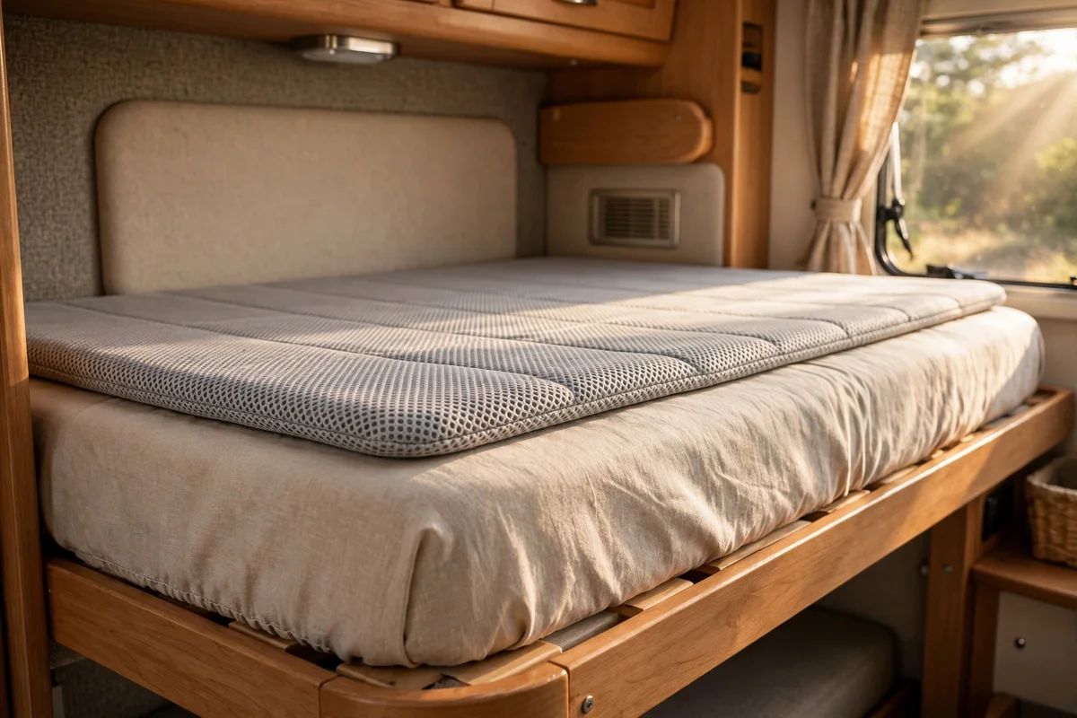 RV bunk mattress with slim breathable topper and neat fitted sheet