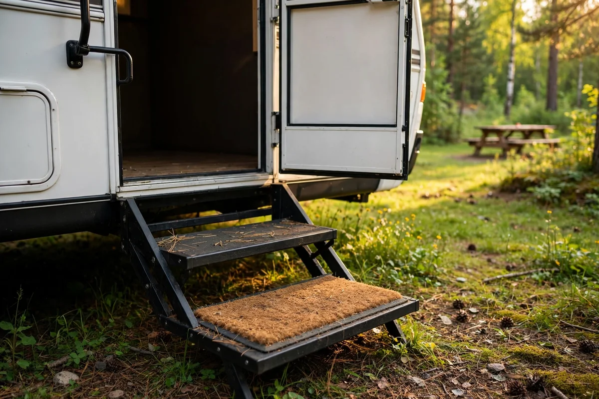 RV entry step with washable coir-look mat and open door to campsite