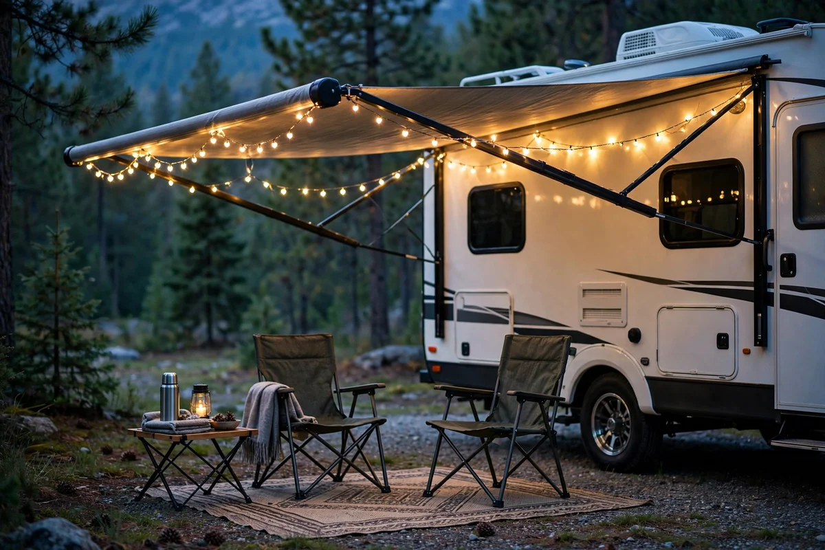 RV awning at dusk with warm solar fairy lights along the rail