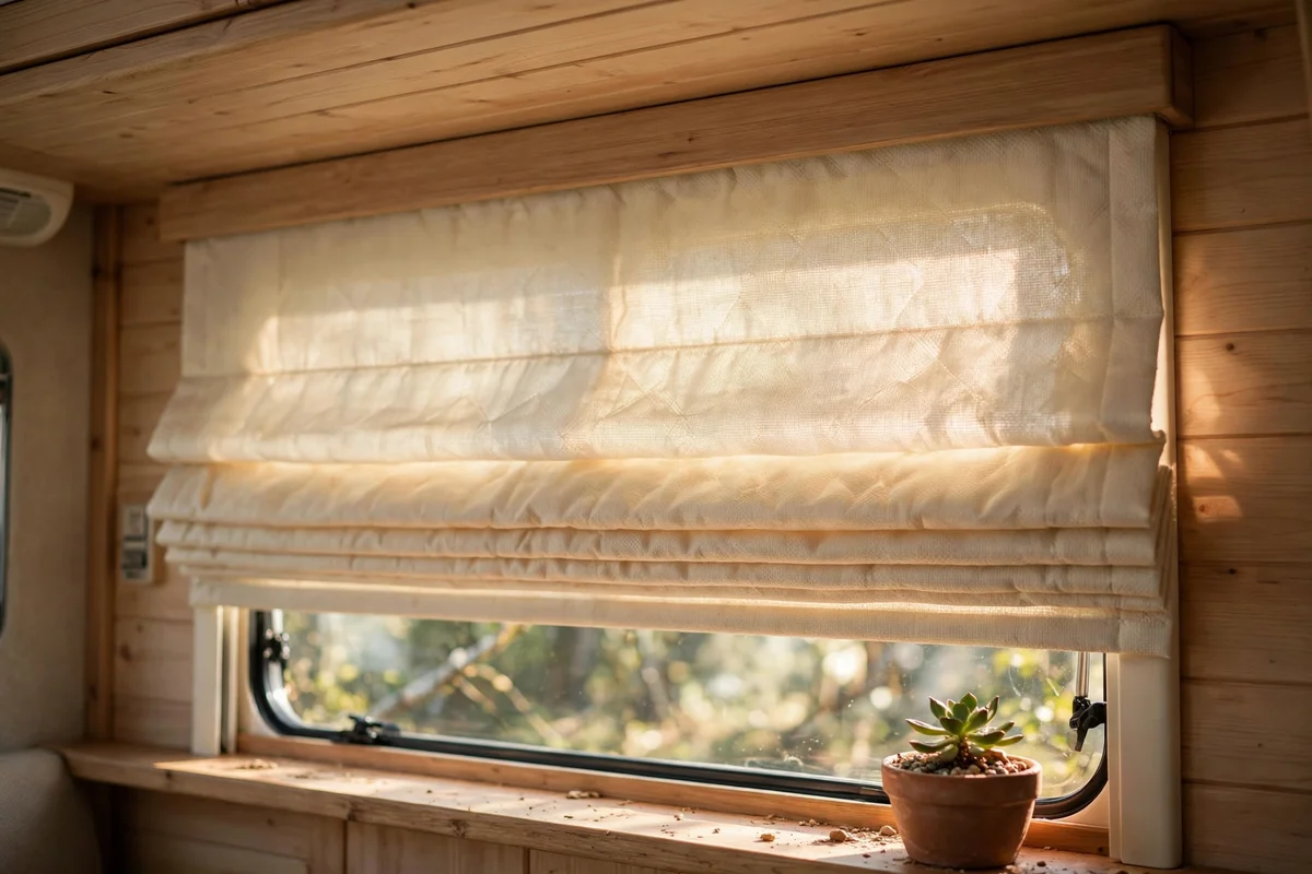 RV window with cream thermal Roman blind filtering soft daylight