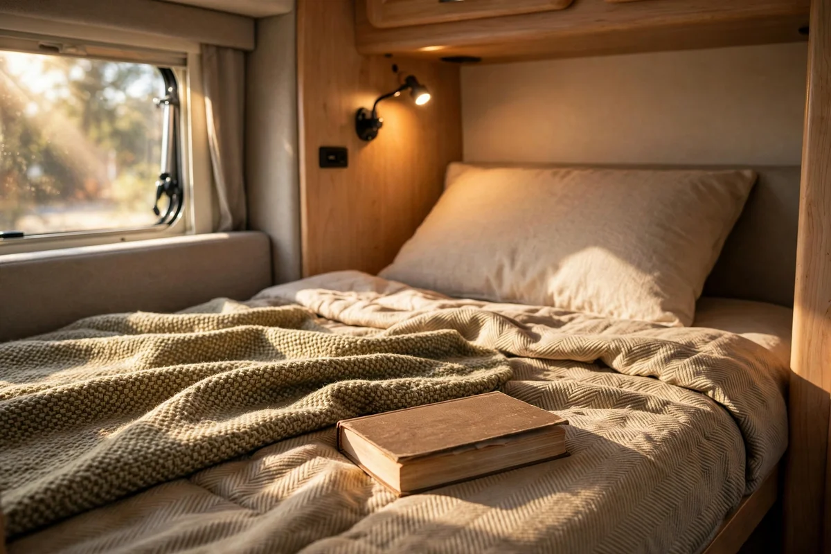 RV bunk with warm LED reading light mounted above the pillow