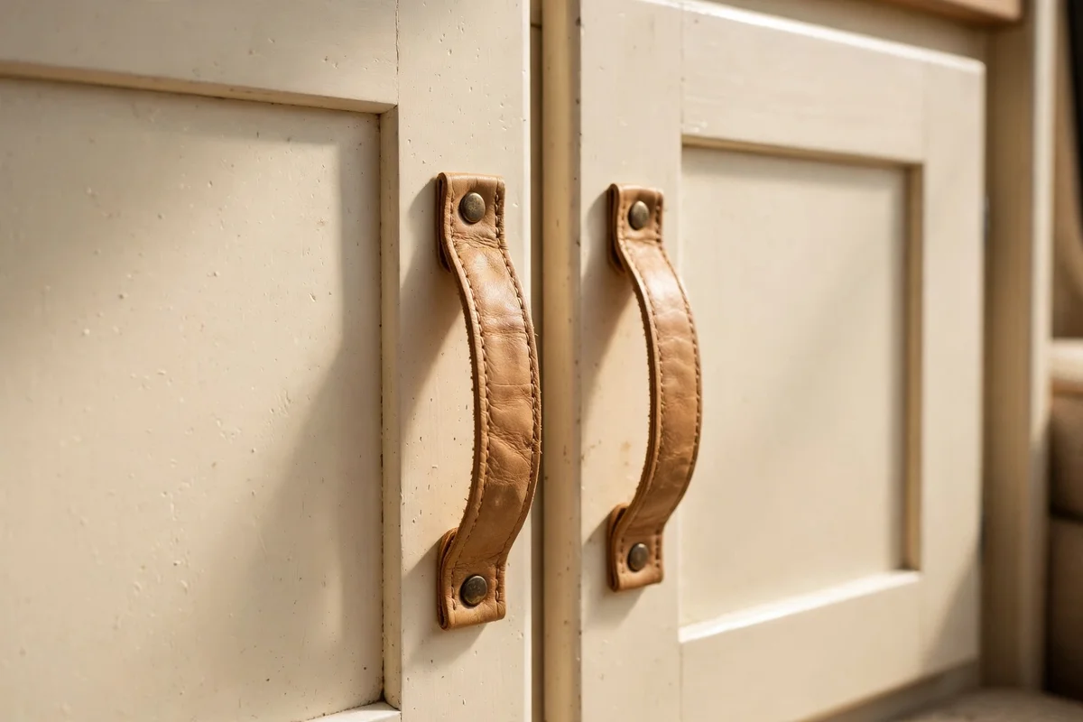 Close view of cream RV cabinet doors with slim tan leather pulls