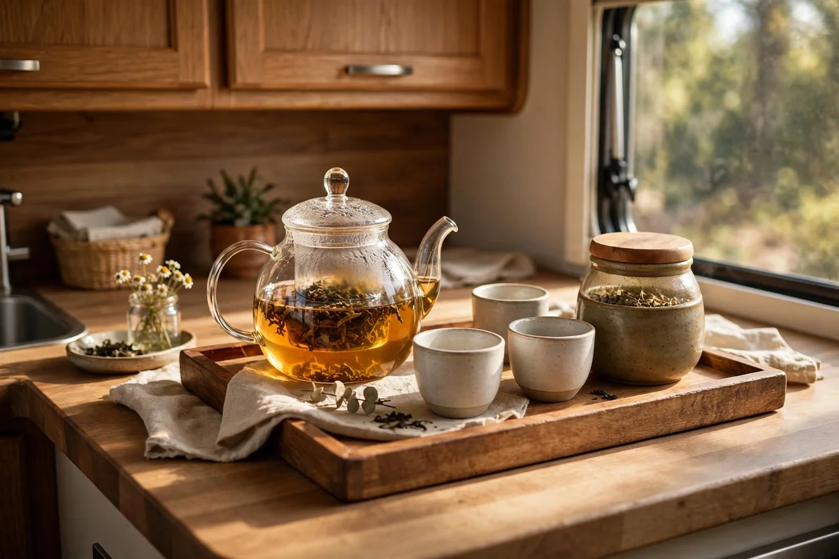 RV counter with wooden tray, glass teapot, cups and tea jar
